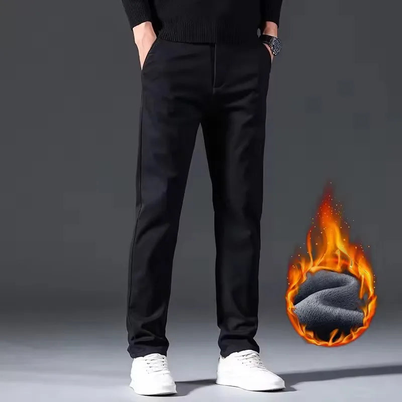 New Winter Mens Clothing Warm Casual Pants 98% Cotton Fleece Straight Business Thicken Men Pants Stretch Classic Velvet Trousers