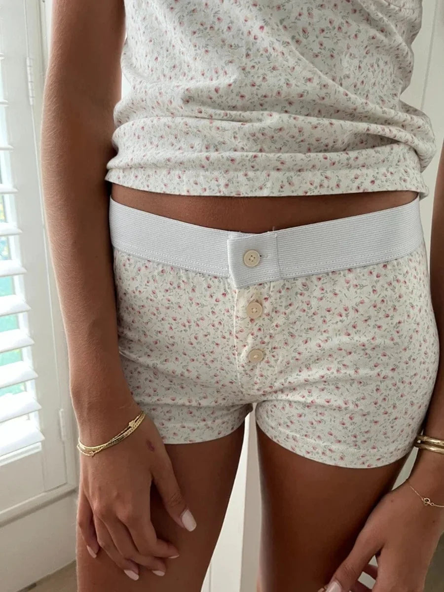 Purple Floral Print Home Shorts Summer Patchwork Elastic Waist Straight Short Pant Casual Cute Cotton Pants Woman Clothing