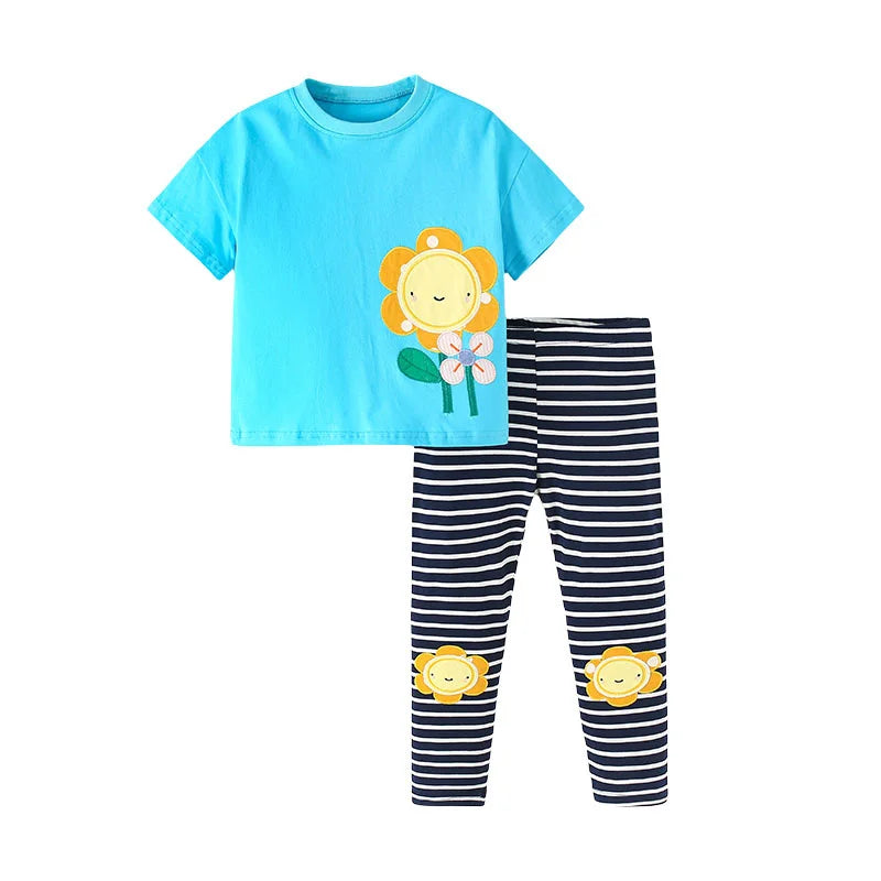 Jumping Meters 2-7T Girls Clothing Sets Kids Suits 2 Pcs  Tops + Leggings Baby Clothes Summer Short Sleeve Kids  Wear Outfits