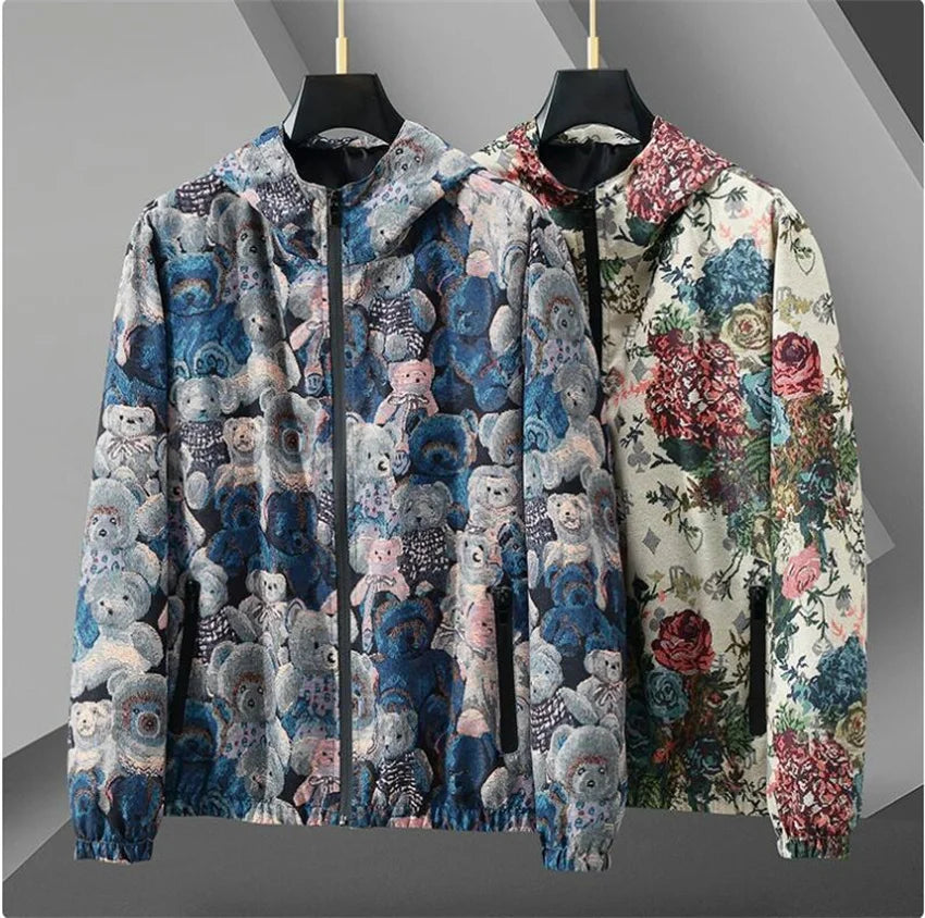 Vintage flower bear pattern Patchwork Windbreaker Men Jackets Autumn Hip Hop Streetwear Zip Up Casual Outerwear Jackets Clothes