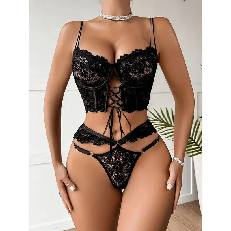 Women 2-Piece Transparent Erotic Underwire Bra Lace Sexy Lingerie Fancy Outfit Romantic Hot Underwear Set Bra And Panty Sets