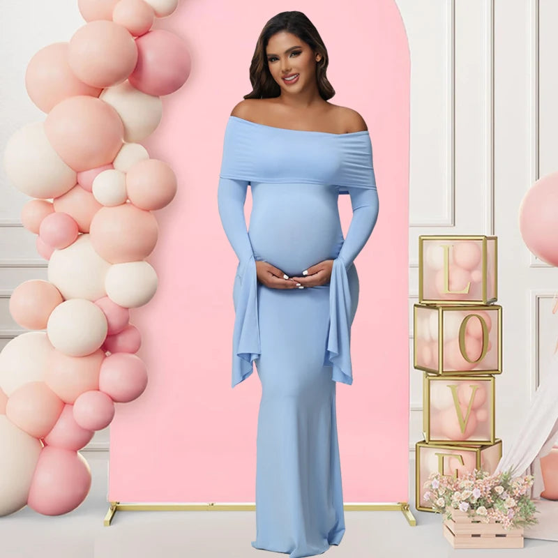 Women Maternity Dresses For Photoshoot Sexy Off Shoulder Long Sleeve Bodycon Pregnancy Baby Shower Maxi Gown