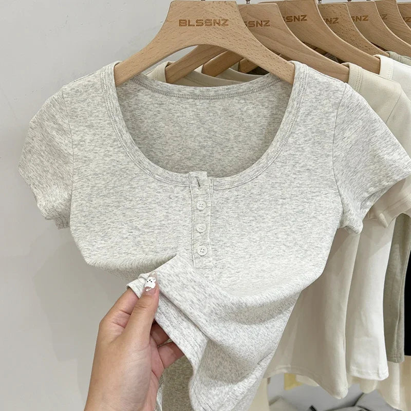 Women T Shirt Button T-Shirt Woman Clothes Tops Cotton Slim Tshirt Female Short Sleeve Top Summer Tee Sexy Canale Y2k