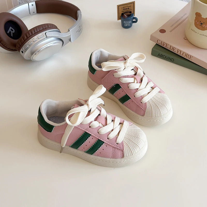 Kids Sports Shoes Non-slip Soft Sole 2025 New Boys Girls Casual Shoes Striped Trendy Students Skate Shoes Round Toes Hook&loop