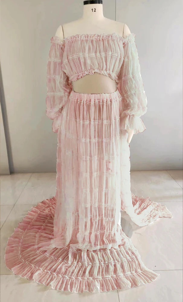 Maternity Dresses For Photo Shoot Women Off Shoulder Short Top Pleated Chiffon Long Sleeved Bohemian Dress Boho Style Dress