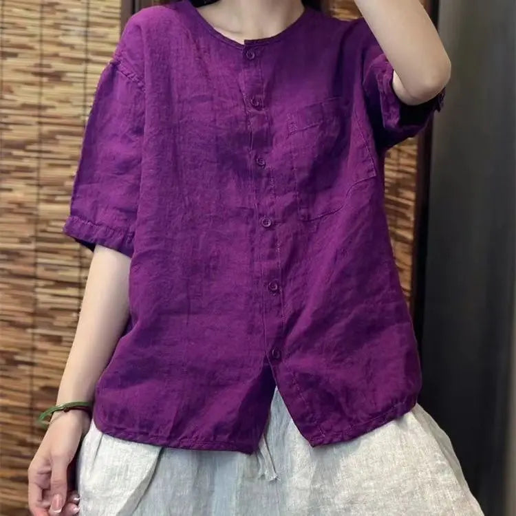 Chiffon Cotton Linen round Neck T-shirt Women Summer New Vintage Art Loose Shirt  Open Cardigan Top 2025 Short Shirt For Women