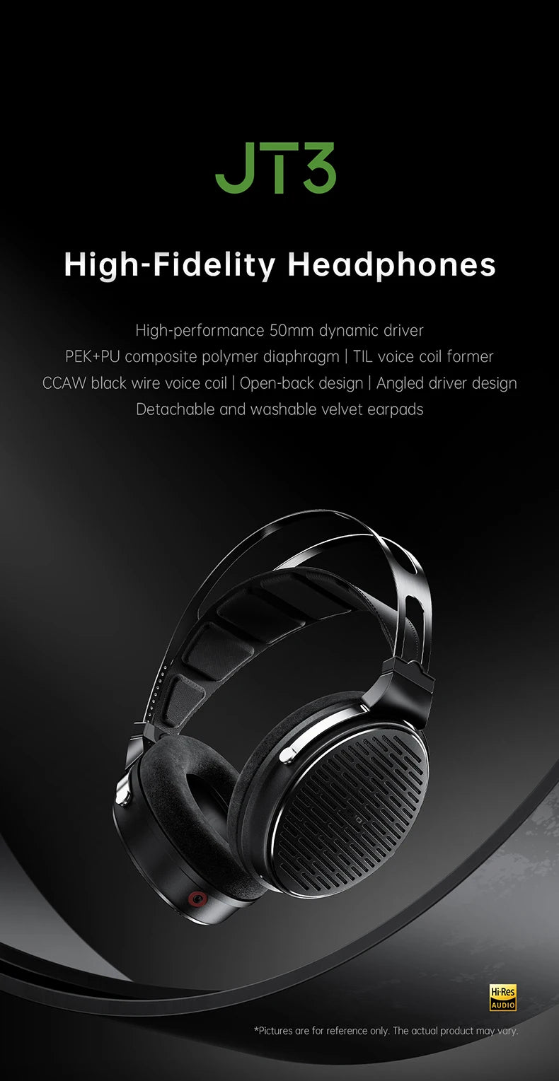 FiiO JT3 Over-Ear Open-Back Headphones, 50mm Dynamic Driver, PEK+PU Composite Diaphragm, Detachable 3.5mm Cable with Mic