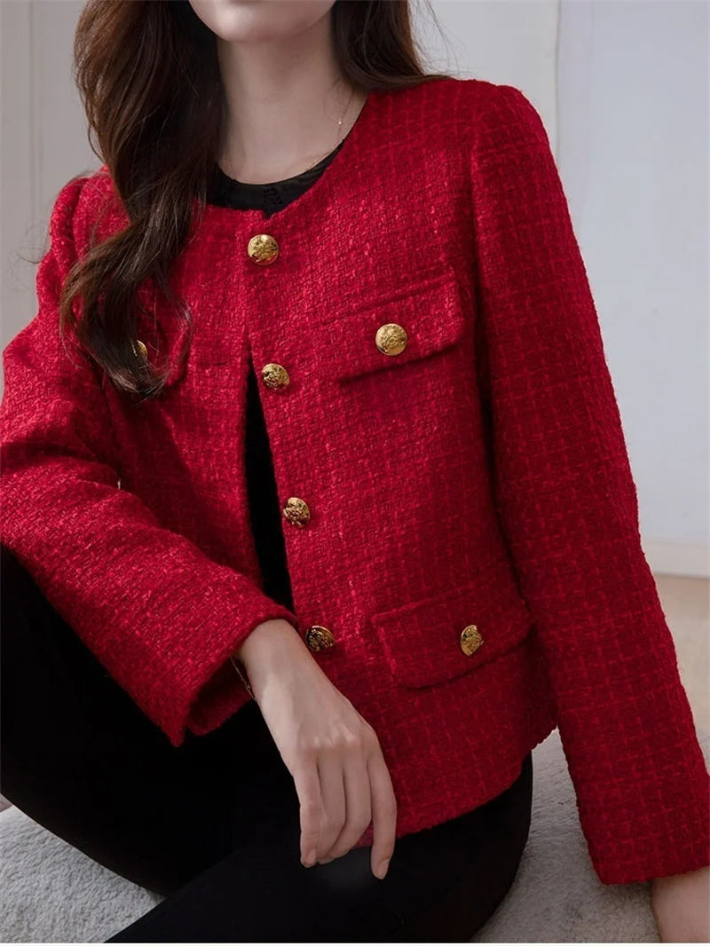 Women's Jacket 2025 New Autumn Fashion Red Tweed Small Fragrance Coat Ladies Short Blazers Korean Elegant Female Tops Outerwear