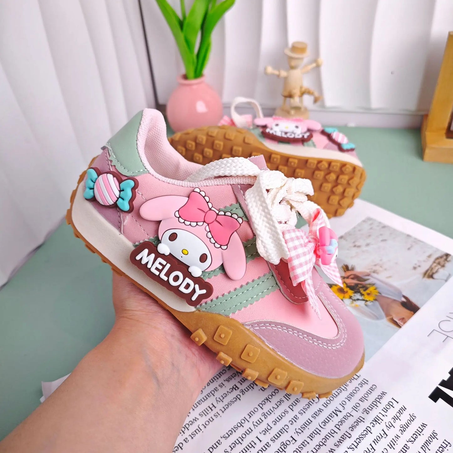 Kids'casual Shoes My Melody Girls' Shoes Cartoon Pu Leather Outdoor Soft Bow Anti-Slip Sneakers Children Shoes Pink Size 26-37