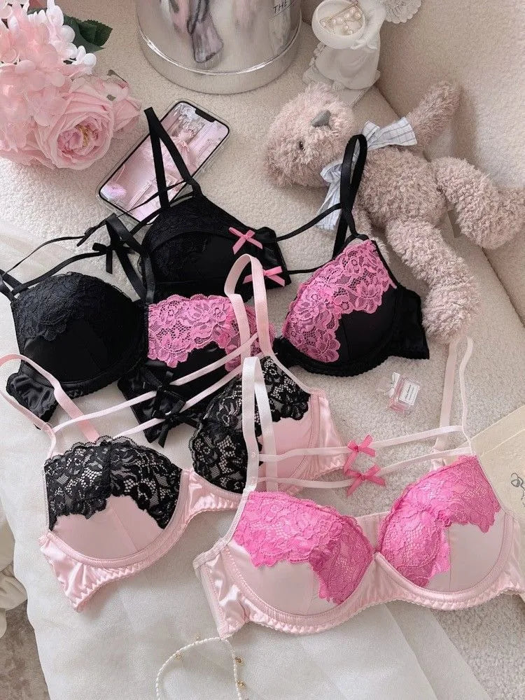 Women Underpants Low Waist Mesh Hollowed Bow Panties and Bra Set Breathable Briefts Lace Push Transparent Lingerie