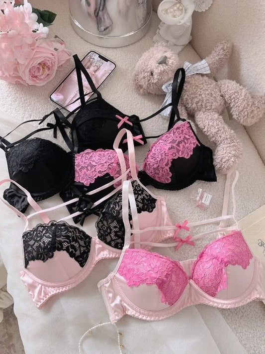 Women Underpants Low Waist Mesh Hollowed Bow Panties and Bra Set Breathable Briefts Lace Push Transparent Lingerie