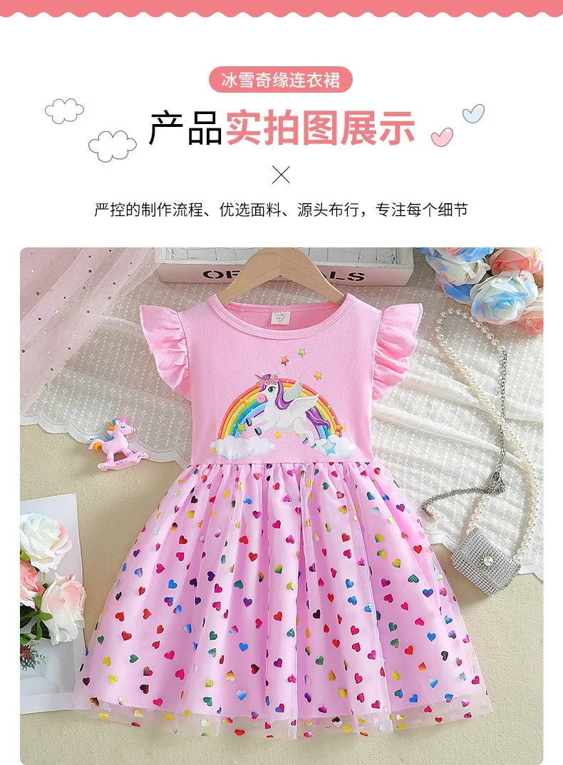 2025 New Unicorn Girls Dress Flying sleeves Kids Clothes Summer Princess Dresses Party Dresses for Children Clothing Rainbow