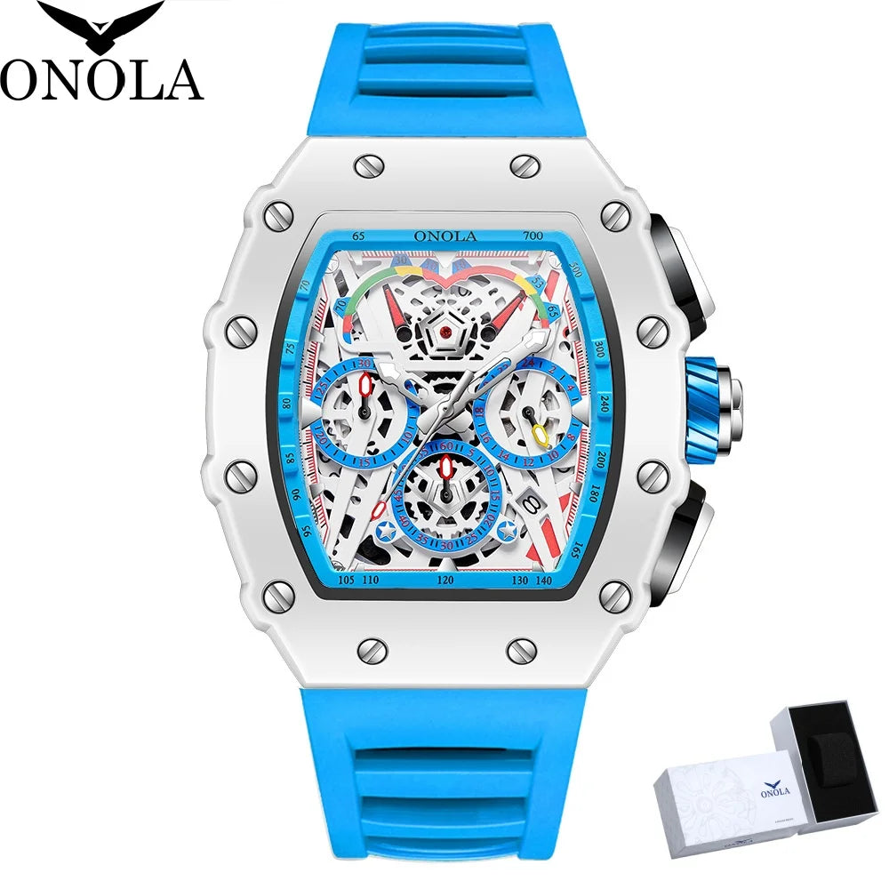 Watches for Man ONOLA 6827W Trend White Men Watch Waterproof Chronograph Quartz Wristwatch Sports Silicone Strap Reloj Hombre