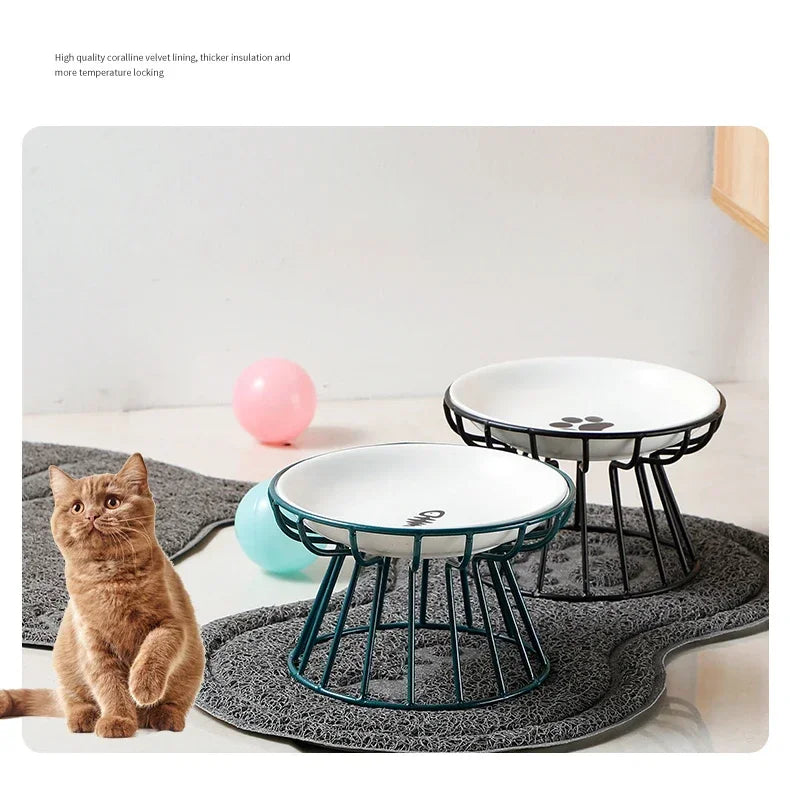 Ceramic Pet Bowl Cat Food Feeding Double Dish Stainless Steel Raised Stand Kitten Dog Water Feeder Durable Pet Accessories