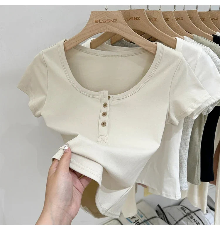 Women T Shirt Button T-Shirt Woman Clothes Tops Cotton Slim Tshirt Female Short Sleeve Top Summer Tee Sexy Canale Y2k