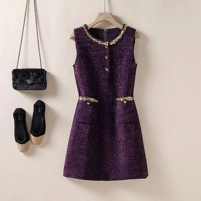 Womens Dresses Small Fragrant Tweed Vest Skirt Beaded Sequined Tweed A word Loose Dress 2025 Spring and Autumn new Women's Dress