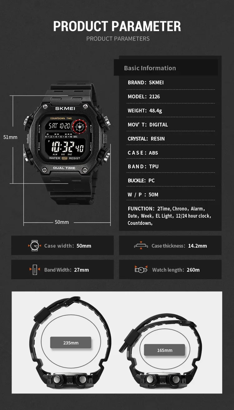 SKMEI 2126 Digital Countdown Sports Watches for Men LED Display Waterproof Stopwatch Mens Wristwatch Alarm Clock montre homme