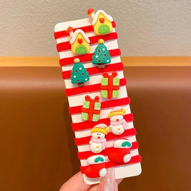 10Pcs/Set Kids Girls Christmas Hair Ties Cute Santa Claus & Reindeer Design Festive Hair Accessories Holiday Parties Decorations