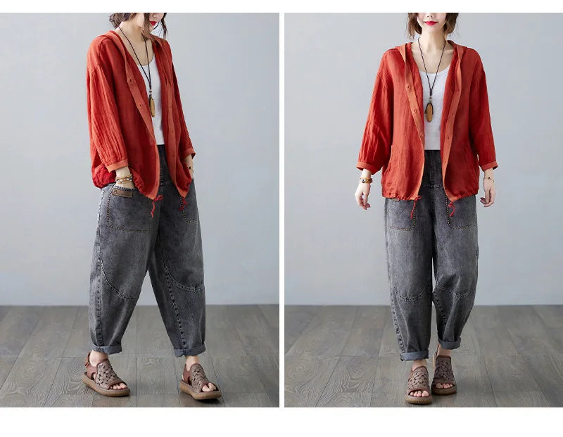 Women Summer Loose Hooded Sunscreen Casual Thin Jackets New Arrival Simple Style Solid Color Female Long Sleeve Hooded Coats