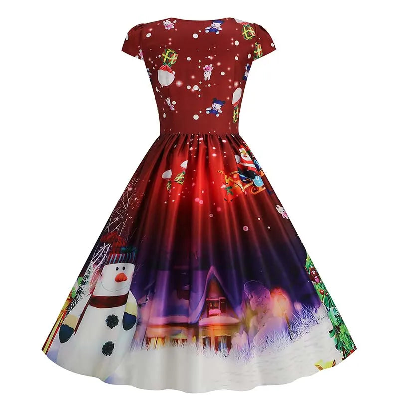 Christmas Dresses for Women Winter Pinup Rockabilly Sexy Cosplay Party Dress Santa Claus Snow Print Cocktail Prom Dress