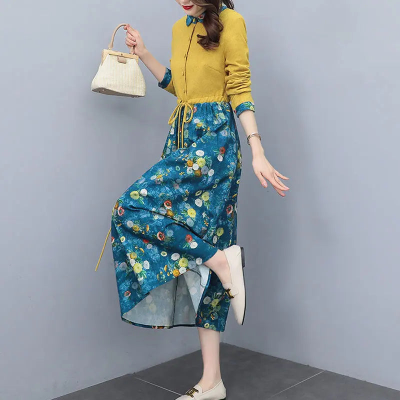 Women's Clothing Casual Printed Dresses Spring Autumn New Single-breasted Fashion Turn-down Collar Commute Drawstring Long Dress