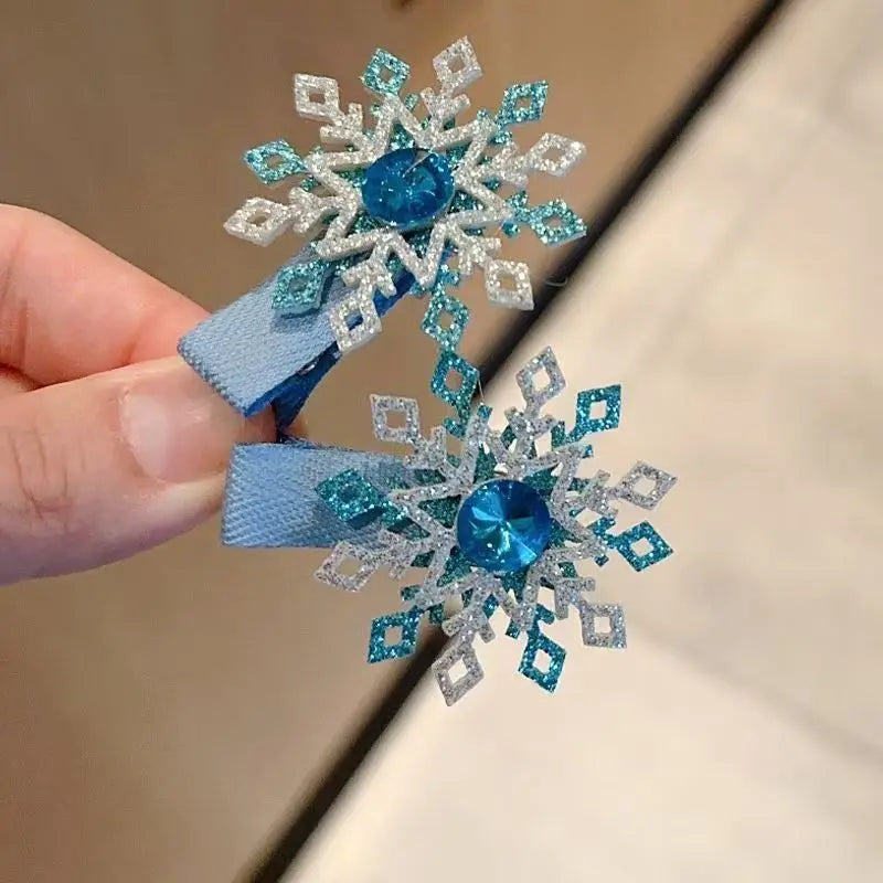 Kids Hair Accessories Set 2PCS Princess Snowflake Clips Hair Ties All Cover Fabric Blue Rhinestone Side Clips for Girls