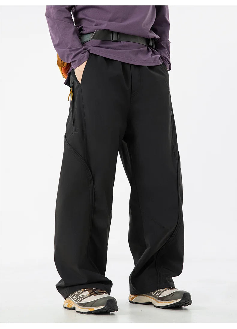 TFETTERS Autumn New Zipper Pocket Men Pants Drawstring Elastic Waist Pants Men Fashion Stitching Design Trouser for Men Clothes