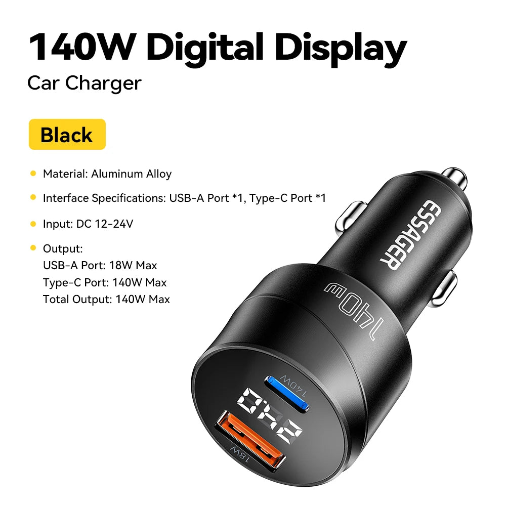 Essager 140W Car Charger PD 3.1 Fast Charging Quick Charge 4.0 For Macbook Pro Laptop USB Type C Car Phone Charger For iPhone 16