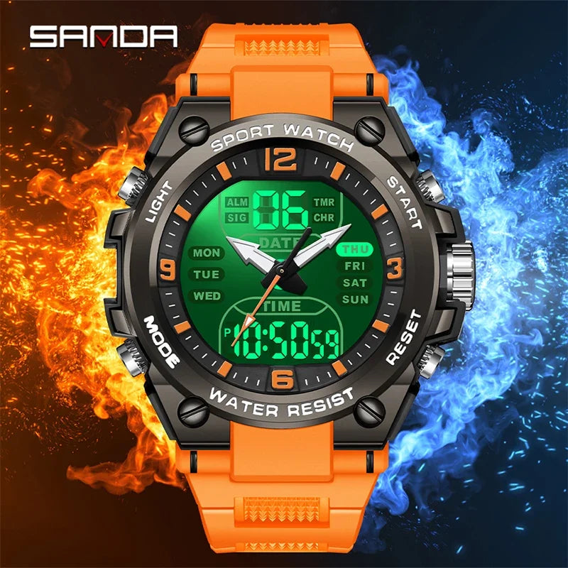 SANDA New Fashion Men Watch Multifunctional Outdoors Sports Waterproof Wristwatch LED Luminous Electronic Digital Men Watches