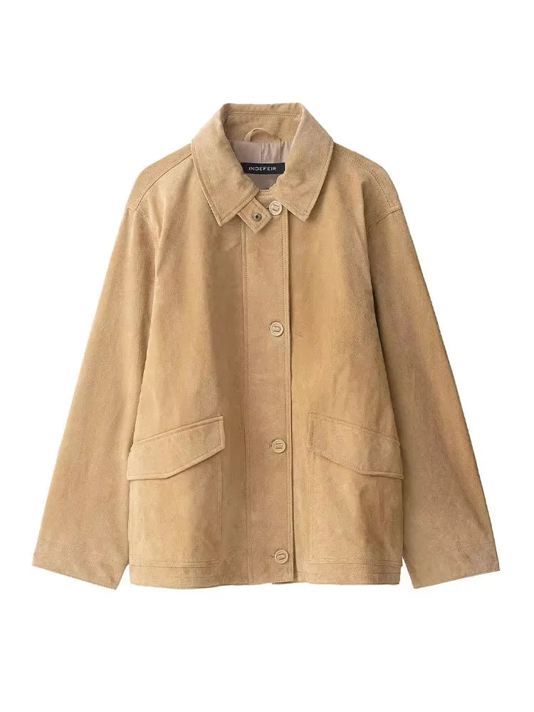 HH Woman's Fashion Jackets Solid Turn-Down Collar Long-Sleeved Pockets Single-Breasted Female Autumn Casual Loose Coats