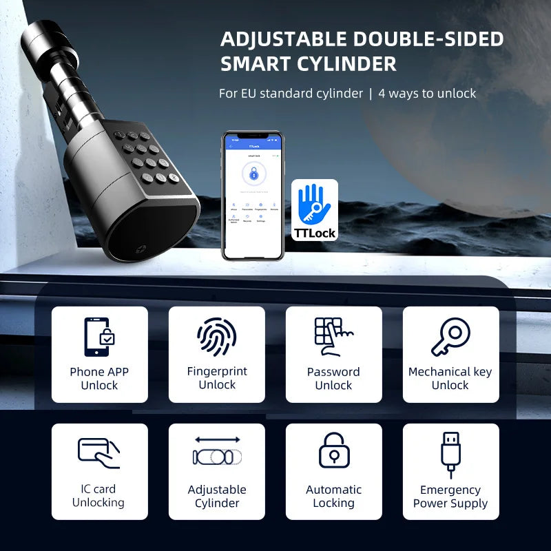 Smart Euro Cylindrical Door Lock ttlock app Keyless Security Entry Mechanical Key Waterproof fingerprint door lock For home