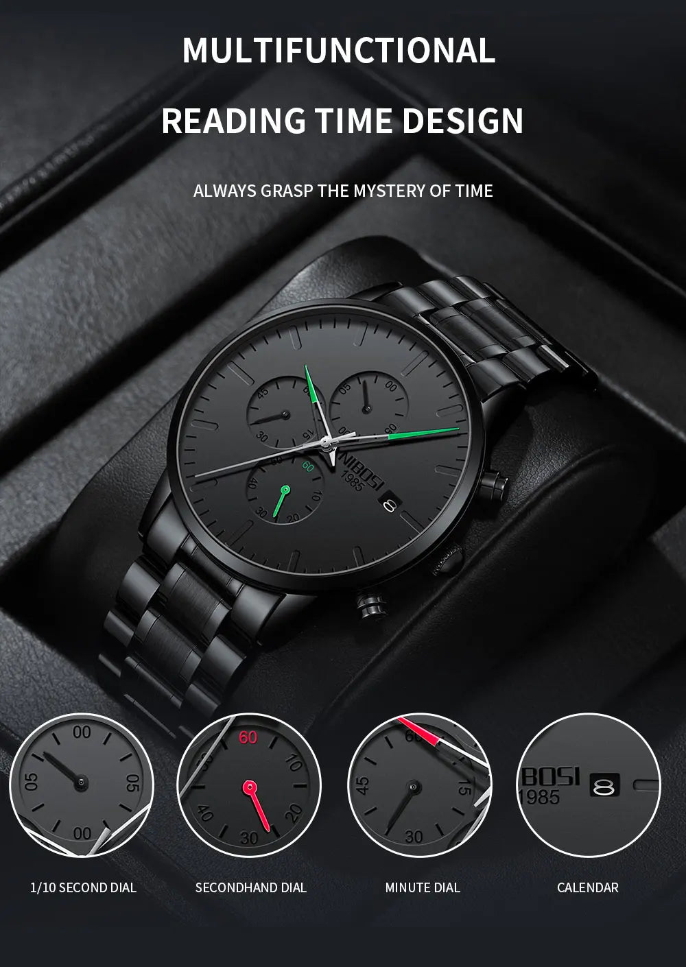 NIBOSI Men's Watches Analog Minimalist Black Dial Watch for Men Business Chronograph Military Casual Wristwatch Stainless Clock