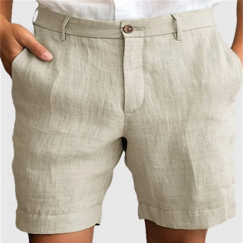 Summer Breathable Casual Linen Shorts Mens Fashionable Zip-up Button Shorts Daily Leisure Loose Straight Solid Color Men Shorts