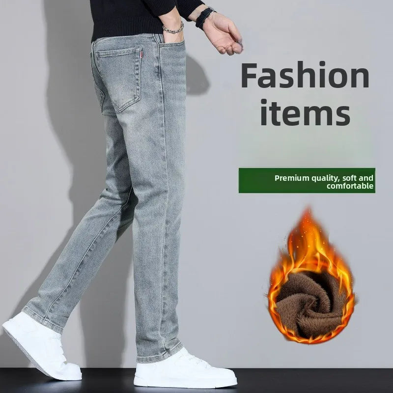 Fleece Thermal Autumn Winter Denim Jeans for Men Pants Warm Thicken Straight Stretch Clothing Fashion Street Causal Denim Pants