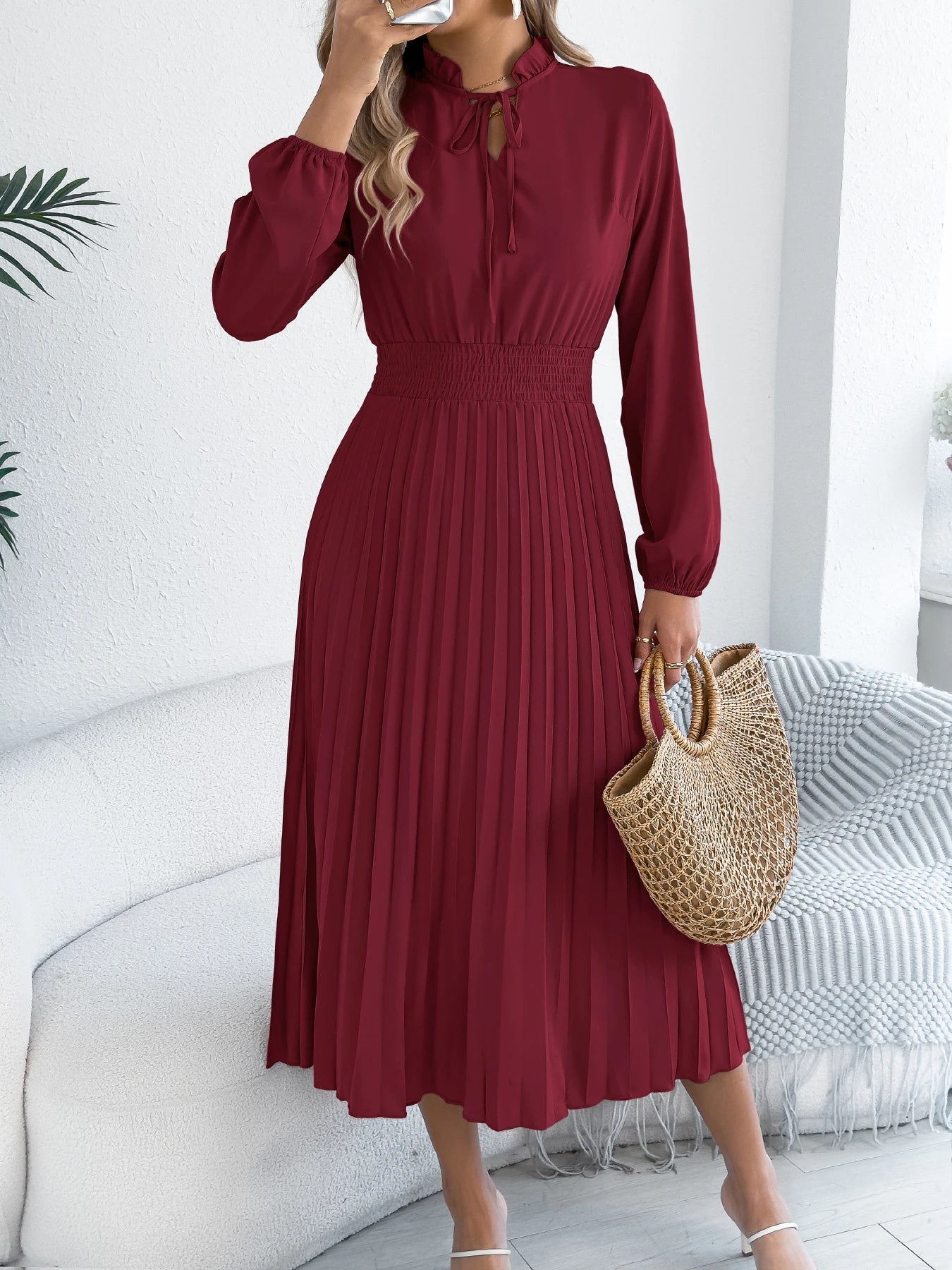 Elegant Dresses for Women 2025 Autumn Winter Casual Solid Color V Neck Lace Up Pleated Maxi Dress Red Khaki Green Woman Dresses