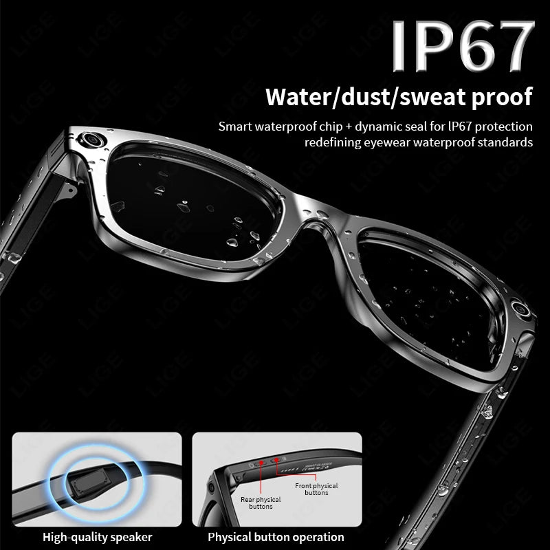 LIGE AI Smart Glasses with Camera Sunglasses 100W Camera Video Recorder Wireless Bluetooth Call Anti-blue Glasses for Man Women