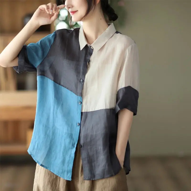 Cotton and Linen Shirt for Women Fashionable and Versatile Cardigan Lapel Top Thin
