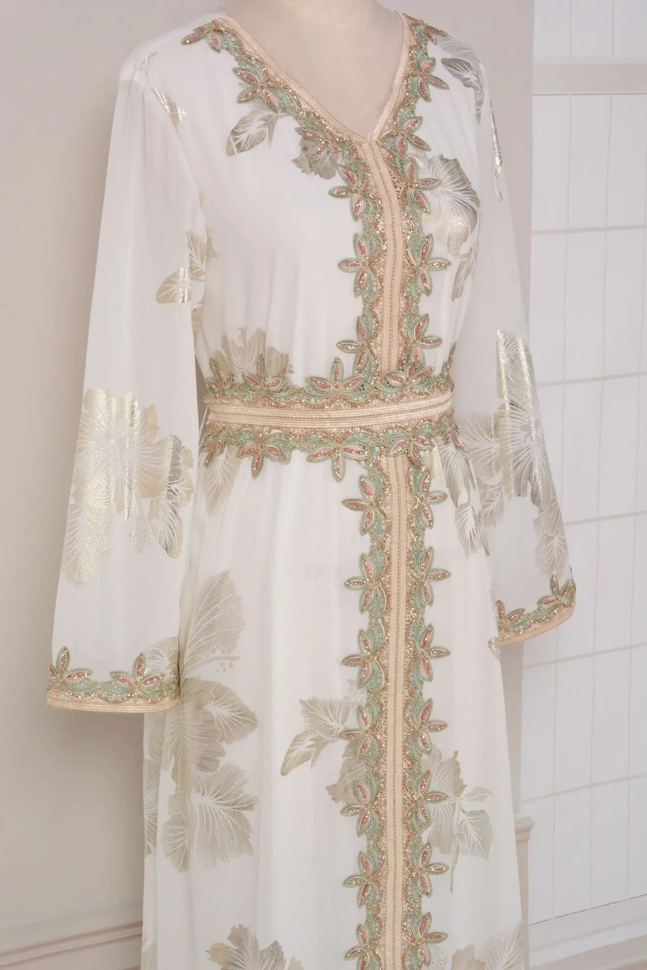 Eid Muslim Women Dress Gown Turkish Caftan Abaya Jalabiya Ramadan Party Dresses Morocco Kaftan V Neck Belt Embroidery Vestidos