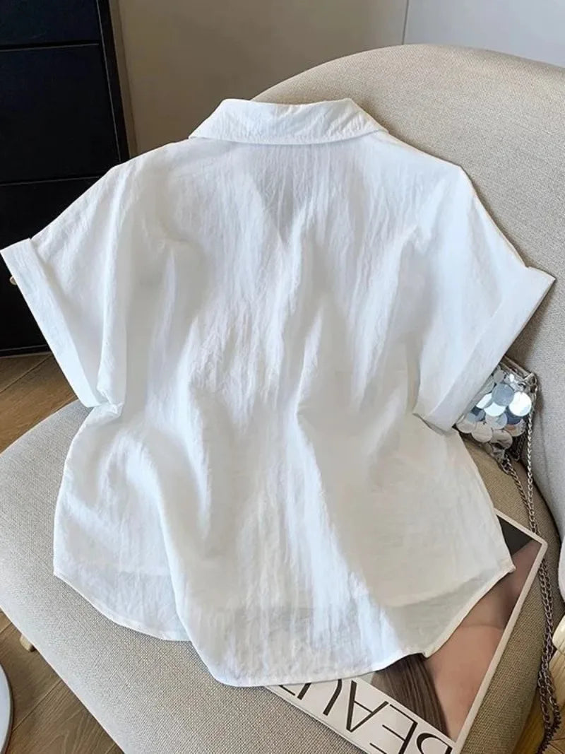 White Cotton Shirt Women Summer New Thin Loose Blouses Fashion Korean Commute Solid Short Sleeved Shirt Top