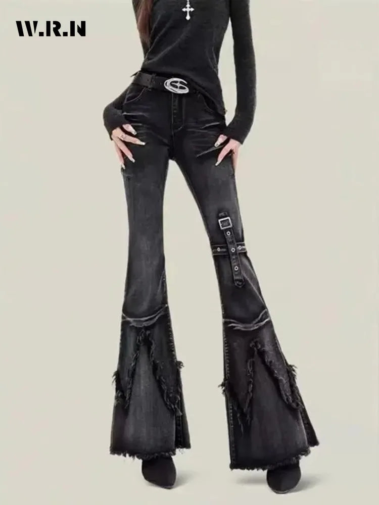 New retro slim-fitting women pants Y2k fashion trendy wasteland trousers legs furrow stretch jeans for women