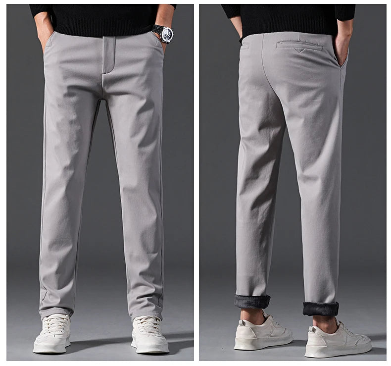 New Winter Mens Clothing Warm Casual Pants 98% Cotton Fleece Straight Business Thicken Men Pants Stretch Classic Velvet Trousers