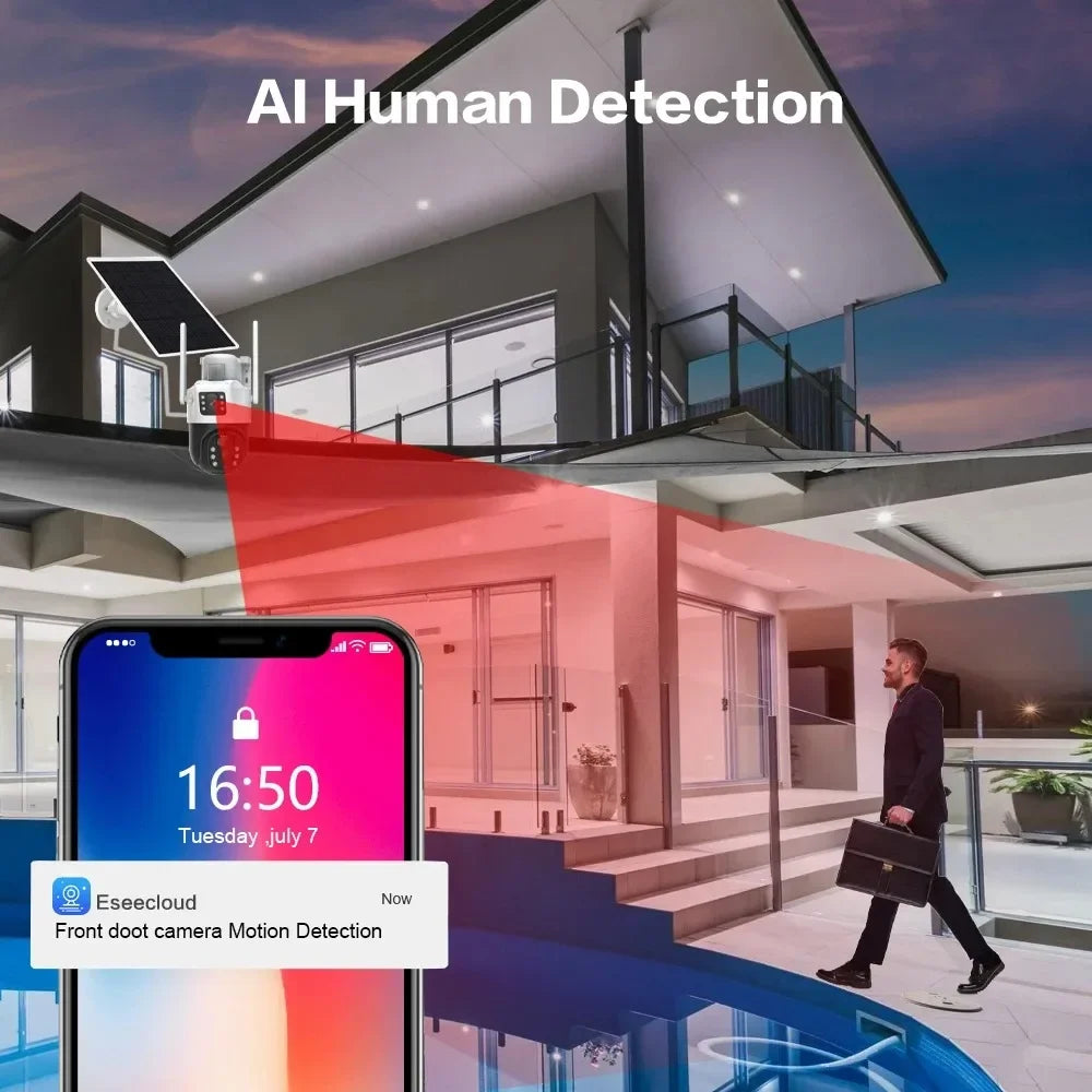 Solar Security Camera 4K 8MP Wireless PTZ Outdoor 360° Coverage 2-Way Audio Human Detection Night Vision 256GB WiFi/IP PIR Alarm