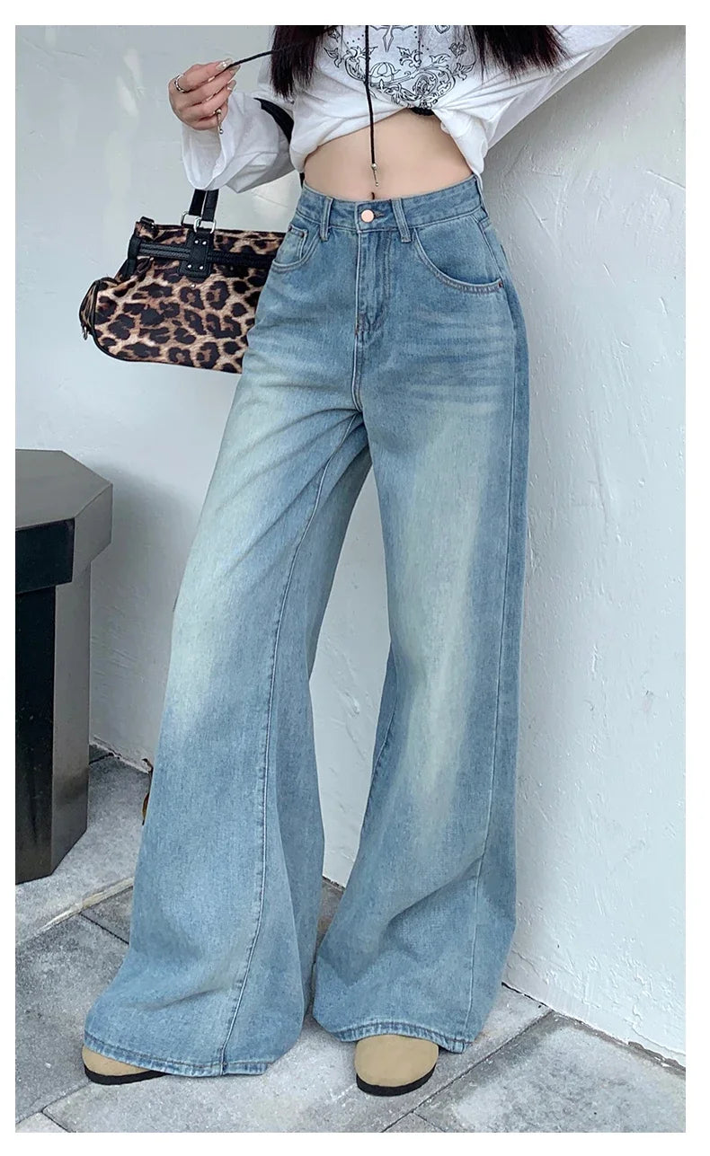 Women's Jeans Denim Pants 2025 Euramerican High Waist Girl Style Jean Trousers Colorful Straight Leg Wide Leg Pants