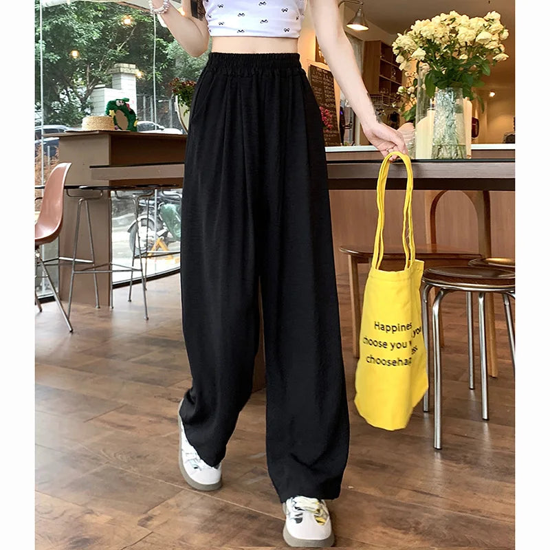 Summer Women Sweet Colorful Ice Silk Pants Lady Baggy Versatile Elastic Straight Leg Trousers Female Wide Leg High Waisted Pants