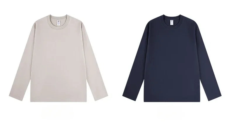 230G Men T Shirts Pure Combed Cotton Heavy Round Neck Solid Color Long-sleeved Men's T-shirt Loose Bottoming Shirt Tops For Male