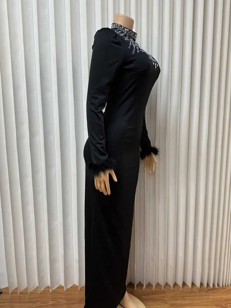 Elegant Black Evening Dresses for Women Autumn Clothes Dress  Round Collar with Diamonds Elegant Chic Bodycon Dress Long Sleeve