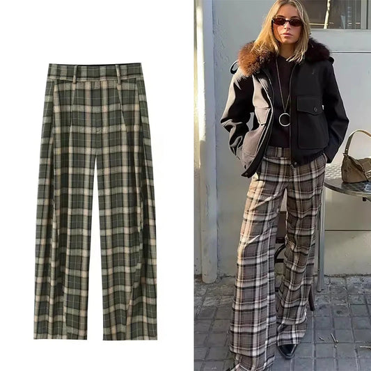 Women's Pants 2025 Autumn New Style Chic Fashion Plaid Wide-Leg Pants For Women Casual Fashion Street Casual Trousers