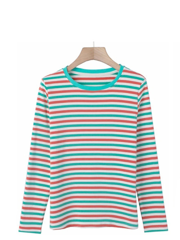 High Quality T Shirt For Women Korean Fashion Clothes Autumn Cotton Stripe Tee Shirt Femme O Neck Tops Woman Long Sleeve Tshirts