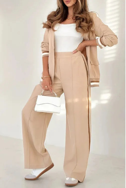 Pant Sets Women Wide Leg Pants Two Piece Set Button Coats Matching Sets Patchwork High Waist Elegant Trousers Pockets Sporty