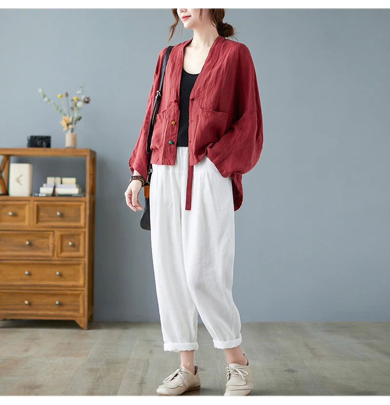 Women Long Sleeve Jackets New 2022 Autumn Vintage Style All-match Loose Comfortable Cotton Linen Female Casual Coats B2100